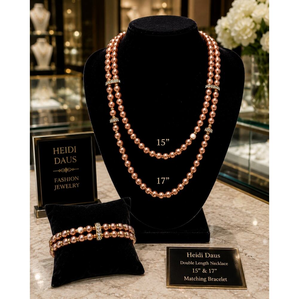 Heidi Daus Double Strand Rose Faux Pearl Necklace Matching Bracelet Set Crystal
